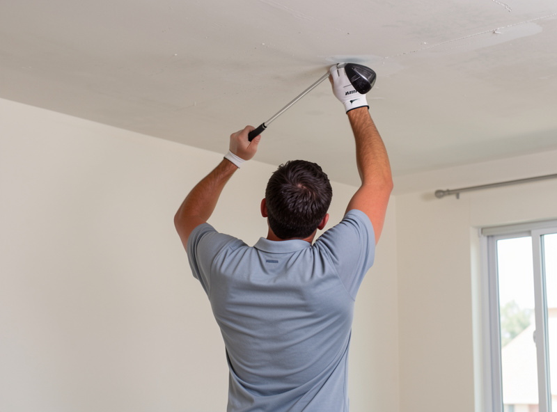 Person measuring ceiling clearance with a golf club raised at the top of the backswing in an apartment room