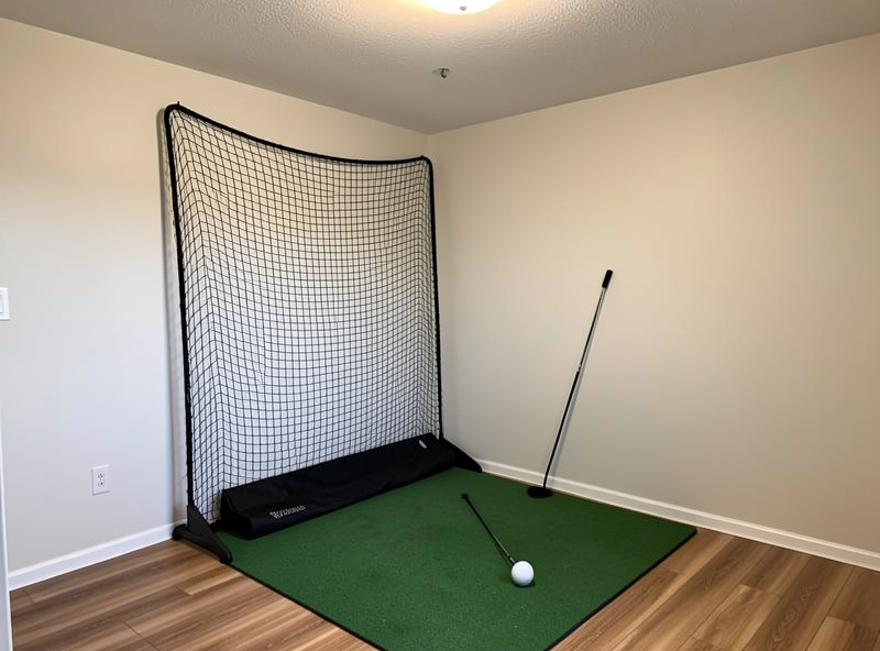 Apartment corner set up for short-iron golf practice with a net, mat and low ceiling