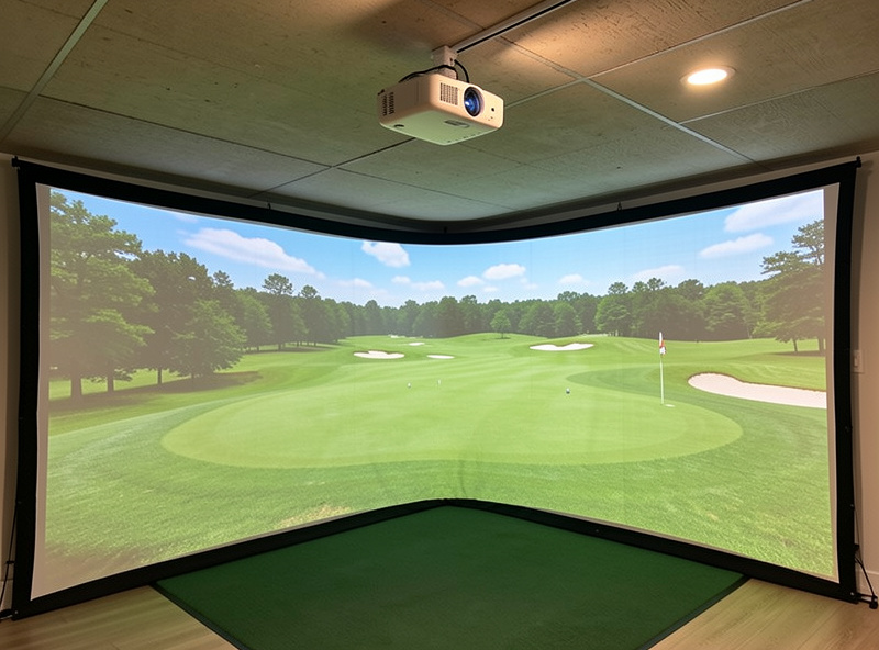 Short-throw projector mounted to a basement ceiling projecting a wide golf course image onto a home simulator impact screen