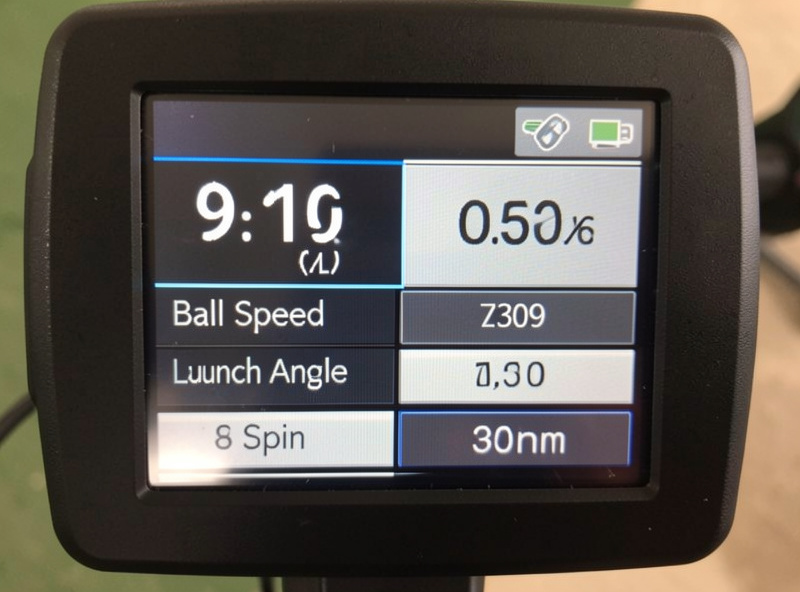 A launch monitor data screen showing ball speed, launch angle and spin numbers in a home golf simulator