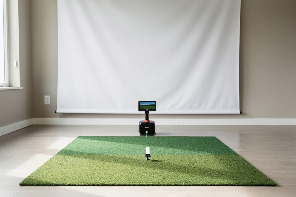 Budget golf launch monitor radar and photometric units set up in a home sim room