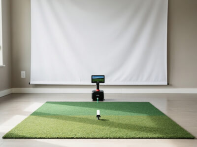 Budget golf launch monitor radar and photometric units set up in a home sim room
