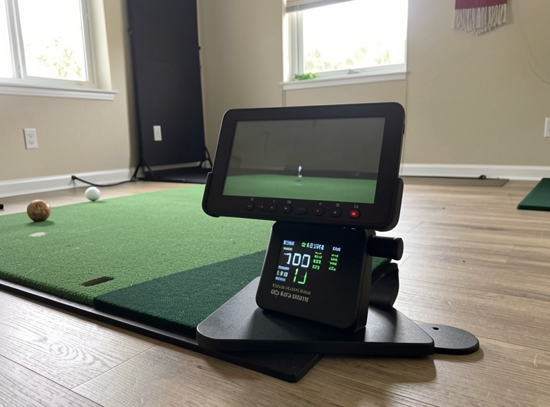 A budget golf radar launch monitor sitting on the floor behind a hitting mat in a home sim room