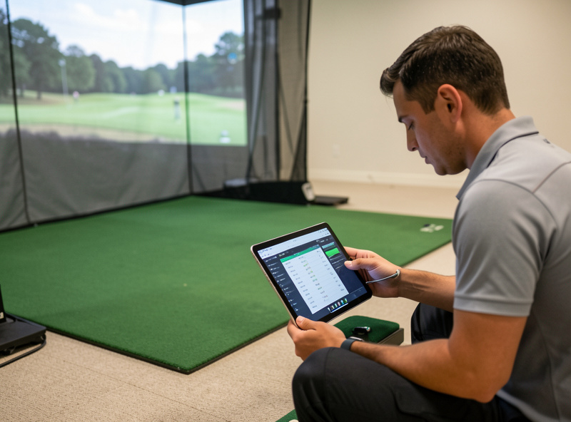 A golfer reviewing launch monitor data on a tablet beside a hitting mat in a home simulator