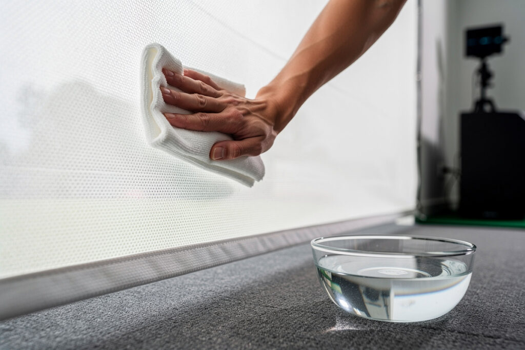 Gently cleaning a golf impact screen with a soft cloth and cool water