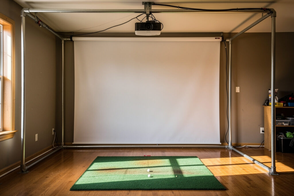 DIY golf simulator enclosure with EMT conduit frame and impact screen in a home room