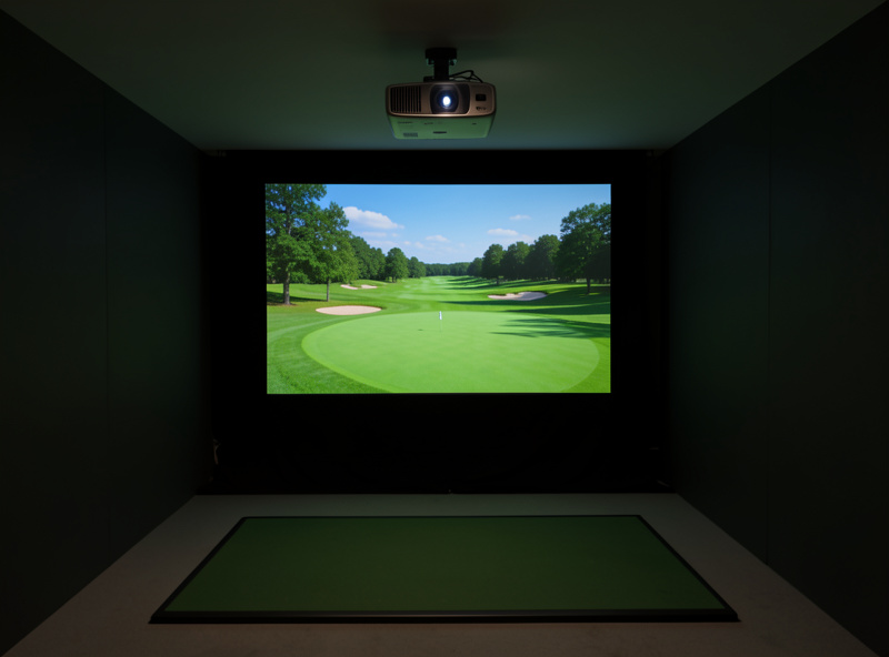 Short-throw projector aligned onto a blacked-out golf simulator enclosure interior