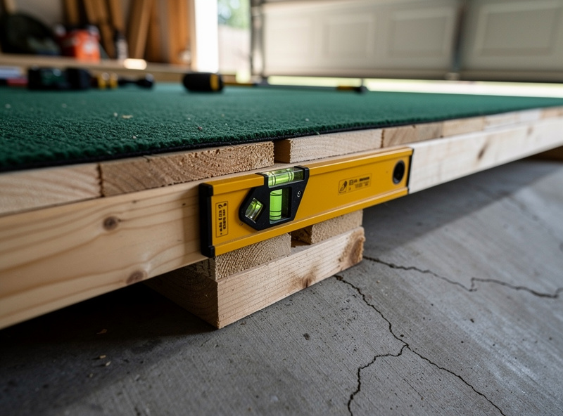 A level checked across a platform built over a sloped garage slab beneath a golf hitting mat