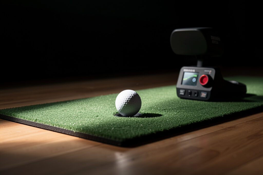 Garmin Approach R10 radar launch monitor set up behind the ball in a home golf sim room