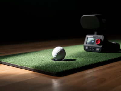 Garmin Approach R10 radar launch monitor set up behind the ball in a home golf sim room