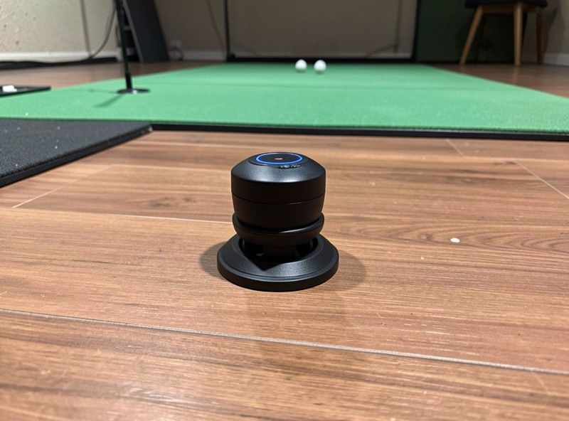 A compact budget golf radar launch monitor on the floor behind a hitting mat in a home simulator