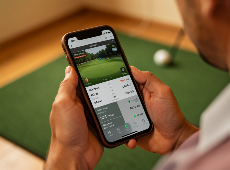 A golfer checking launch monitor app data on a phone beside a hitting mat in a home simulator