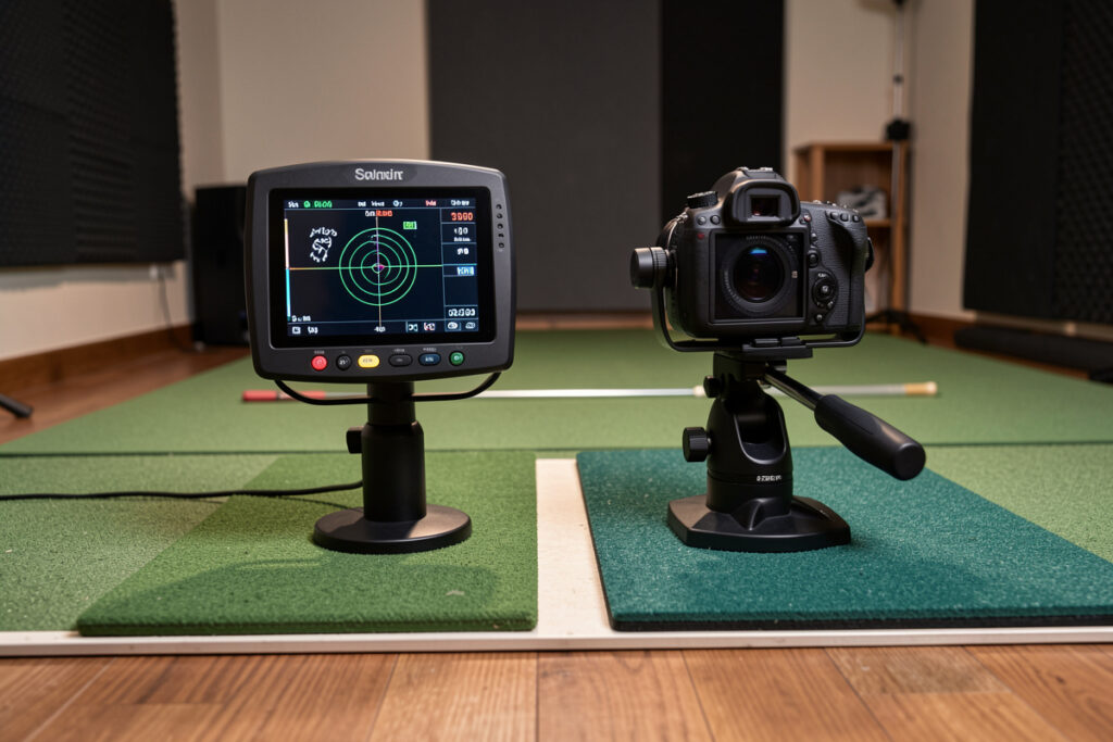 Garmin R10 radar versus Rapsodo MLM2PRO camera launch monitor compared in a home golf sim