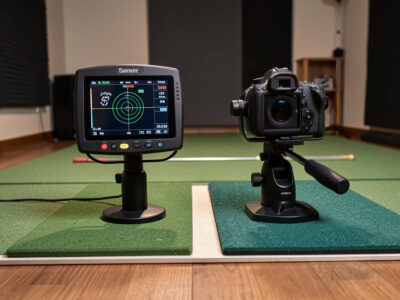 Garmin R10 radar versus Rapsodo MLM2PRO camera launch monitor compared in a home golf sim