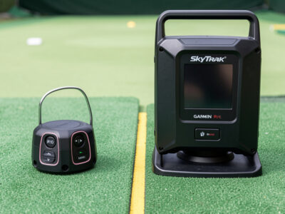 Garmin R10 radar monitor beside a SkyTrak Plus photometric monitor