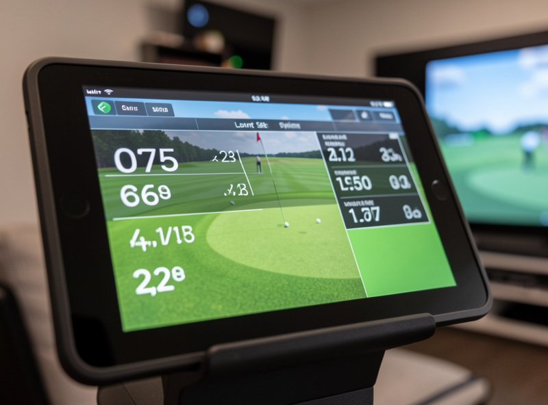 Tablet showing golf spin and launch data in a home simulator