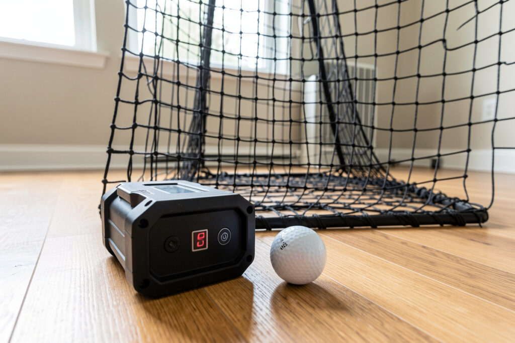 Launch monitor beside a golf ball with a hitting net behind in a no-screen setup