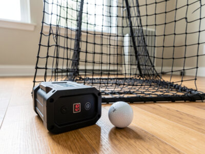 Launch monitor beside a golf ball with a hitting net behind in a no-screen setup