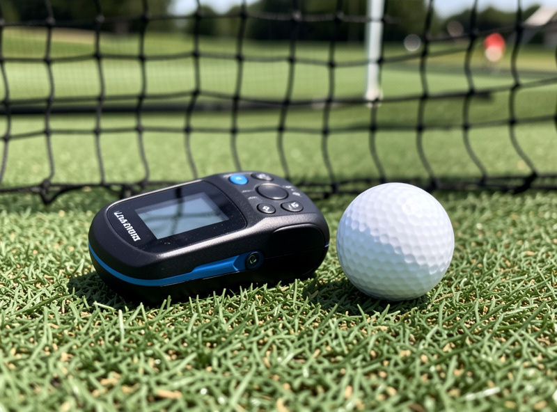 Launch monitor on the floor beside a golf ball with a hitting net behind, no projector screen present