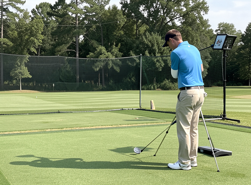 Diagram-style view of a radar launch monitor placed behind a golfer hitting into a net