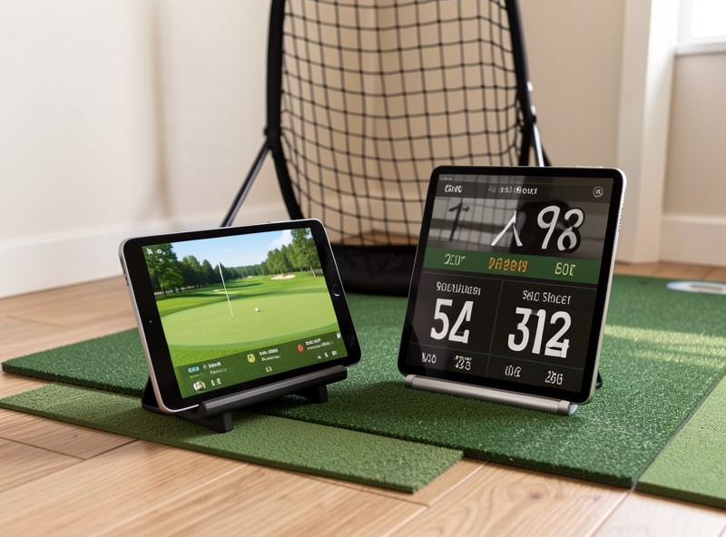 Tablet propped on a stand showing golf launch monitor data next to a hitting net setup