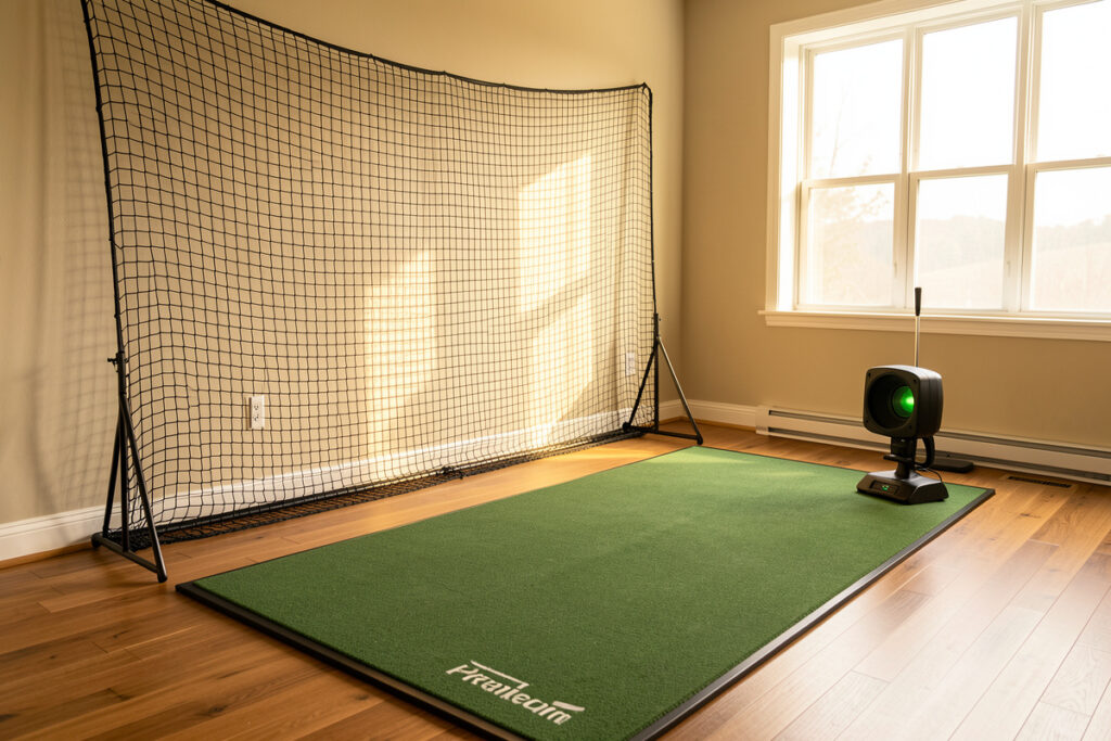 Home golf practice room with a hitting net, mat and launch monitor for a net-only setup