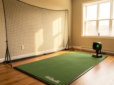 Home golf practice room with a hitting net, mat and launch monitor for a net-only setup
