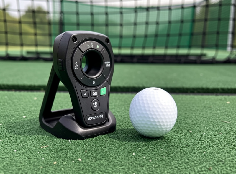 Portable golf launch monitor positioned beside a ball on a mat in front of a hitting net