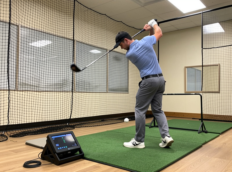 Golfer mid-swing hitting into a home practice net with a launch monitor recording data