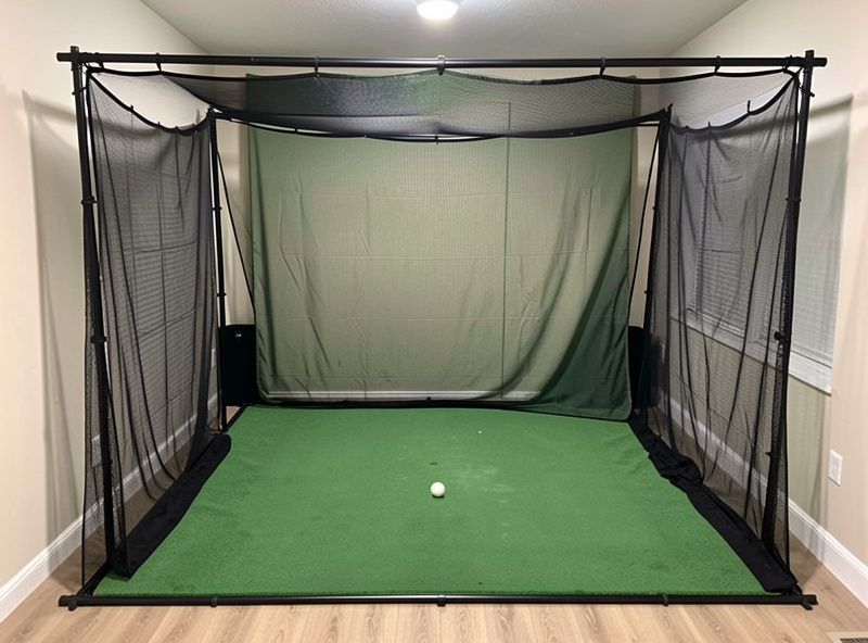 Golf simulator enclosure with side netting installed to catch mishit shots