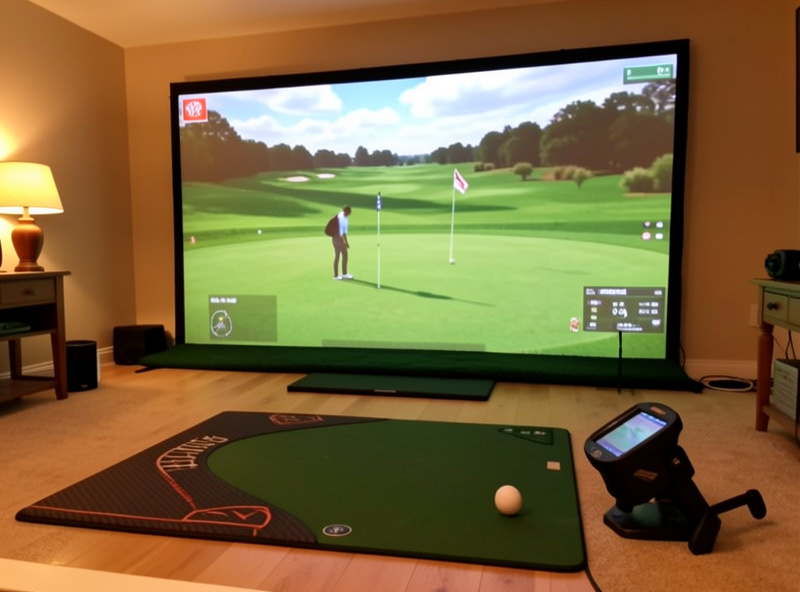 Home golf simulator showing where the budget goes: screen, mat, and launch monitor
