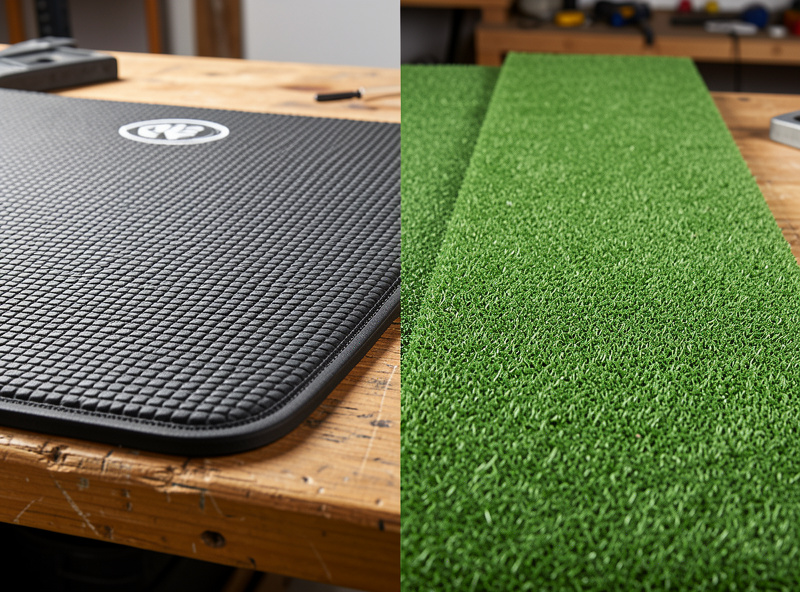 Premium fairway-feel hitting mat next to a thin budget turf mat