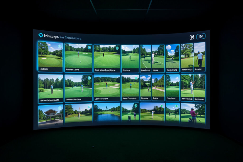 Golf simulator course library selection screen in a home sim room