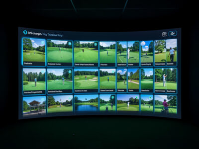 Golf simulator course library selection screen in a home sim room