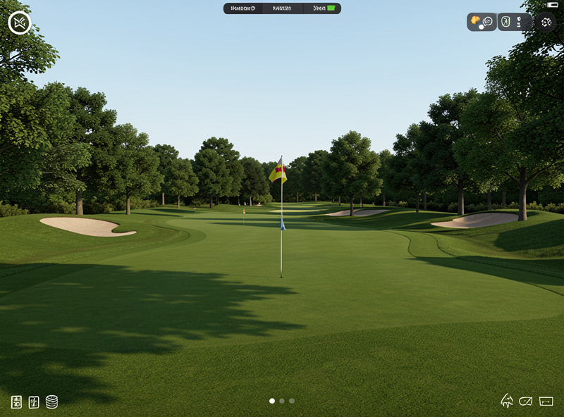 Home golf simulator showing a course fairway render with elevation and trees