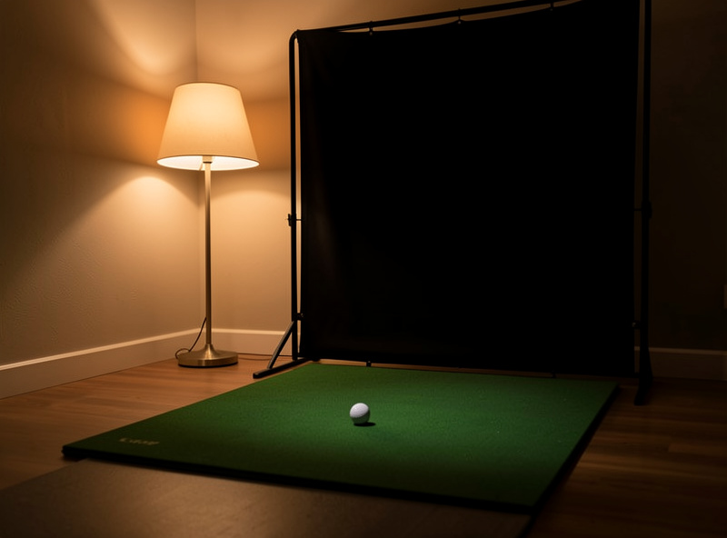 Dim indirect lamp lighting the hitting position outside the projector cone in a golf simulator enclosure