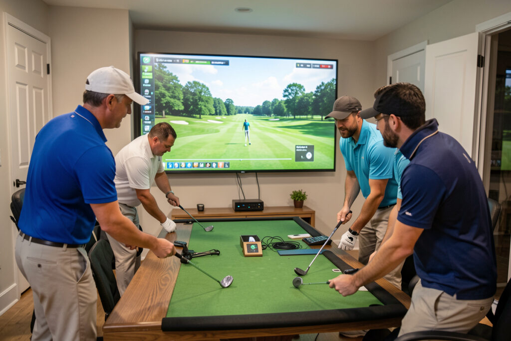 Golfers playing an online multiplayer round in a home golf simulator