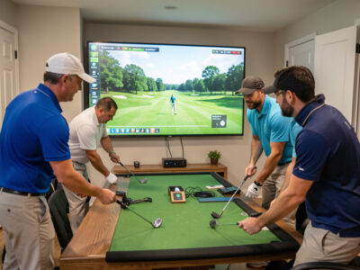 Golfers playing an online multiplayer round in a home golf simulator