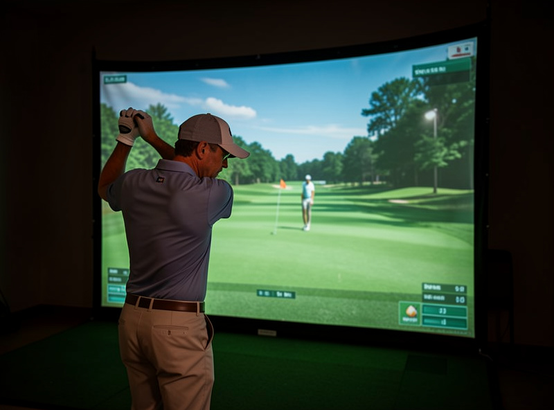 Home golf simulator setup mid-round during an online league night with a course on screen