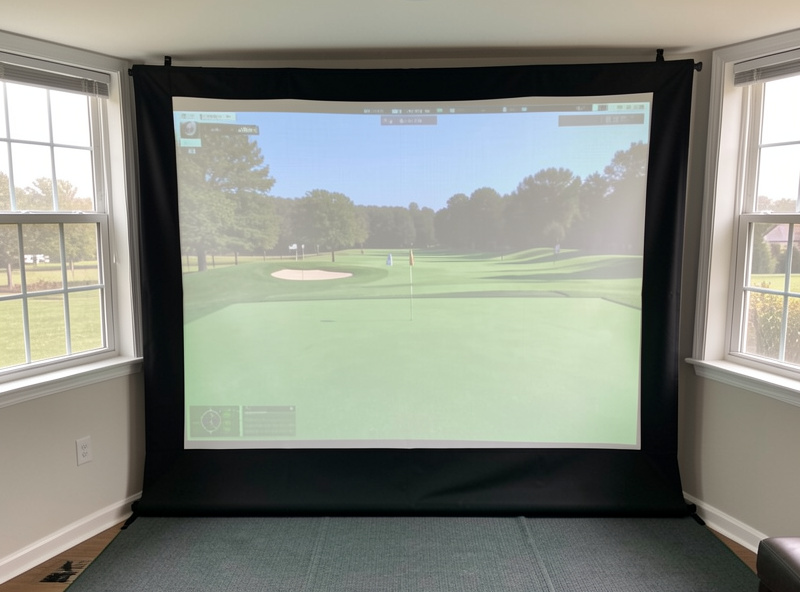 Home golf simulator in a room with daylight from a window, projected course image competing with ambient light