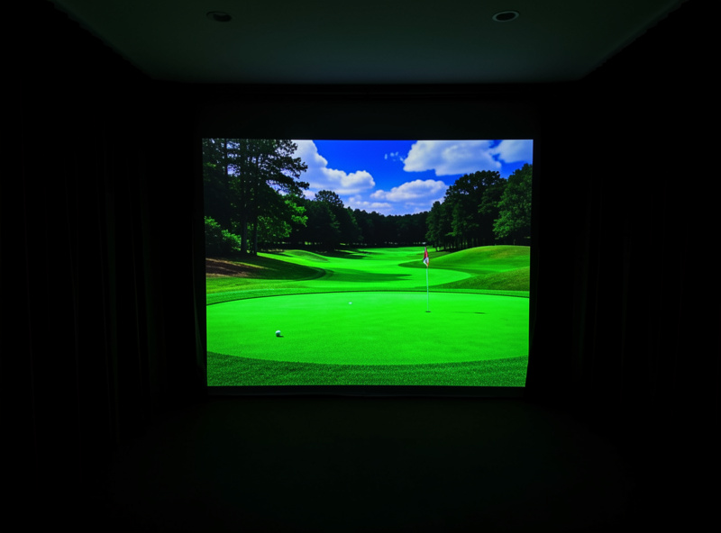 Blacked-out home golf simulator room showing a deep contrast course image with controlled lighting
