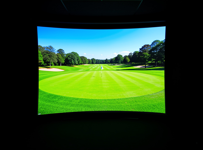 Home golf simulator screen showing a bright sharp course image projected from a ceiling-mounted short-throw projector