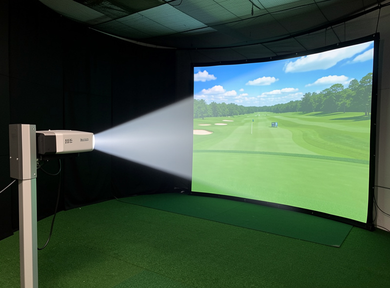 Diagram-style photo of a short-throw projector and its projection distance to a wide golf simulator screen