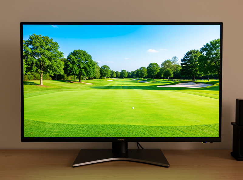 Bright sharp golf course image filling a home simulator screen, showing the result of correct throw ratio and lumens