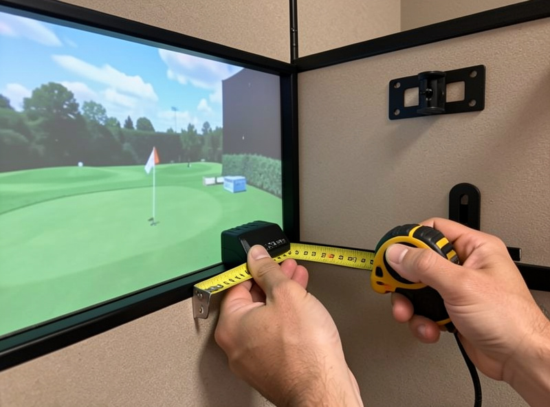 Person measuring screen width and projector mount distance in a home golf simulator room