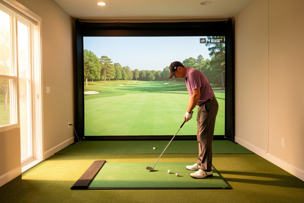 Home golf simulator room with a putting green on the impact screen and a golfer on a dedicated putting mat