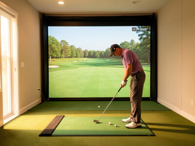 Home golf simulator room with a putting green on the impact screen and a golfer on a dedicated putting mat