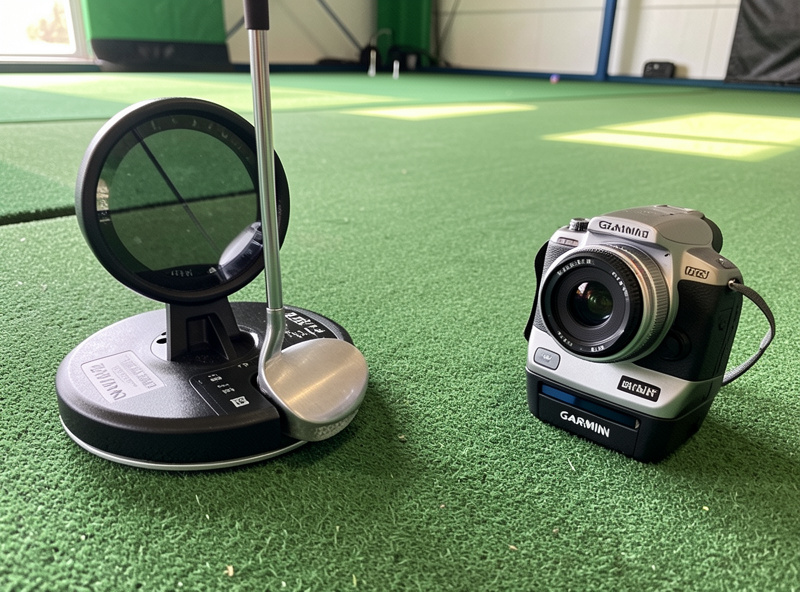 Garmin R10 radar unit and a photometric monitor set up to read the same putt on a sim mat