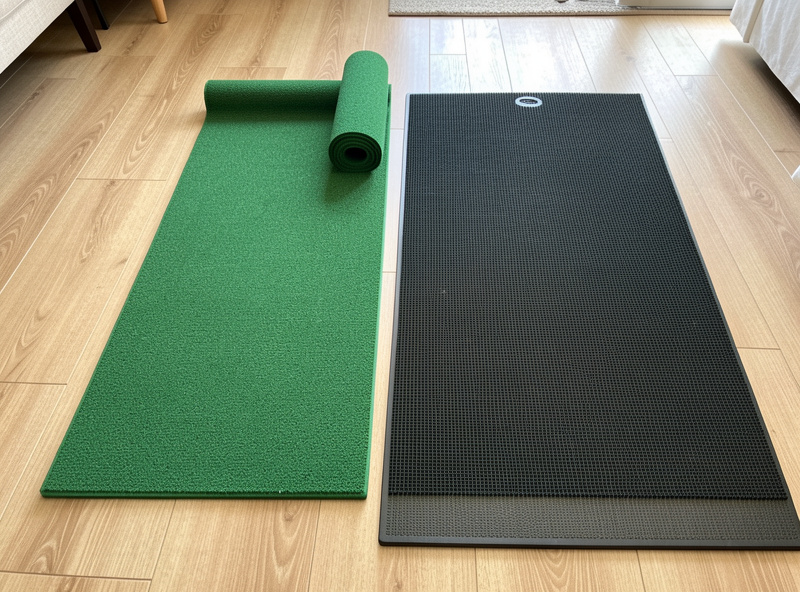 Dedicated putting mat rolled out in front of a golf sim enclosure next to a firm hitting mat