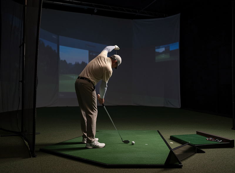 Golfer practicing putting on a dedicated mat in front of a home golf simulator enclosure